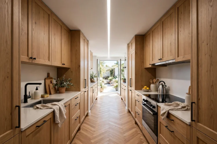 Narrow galley kitchen lit by full-length ceiling track lighting