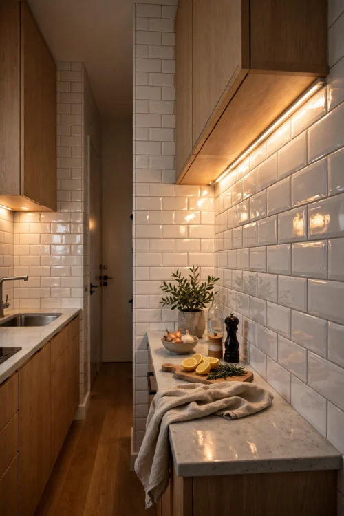 Glossy white subway tile backsplash reflecting light in galley kitchen