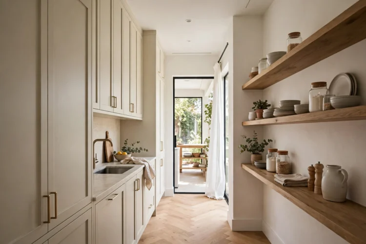 Galley kitchen with one side kept low and open shelving