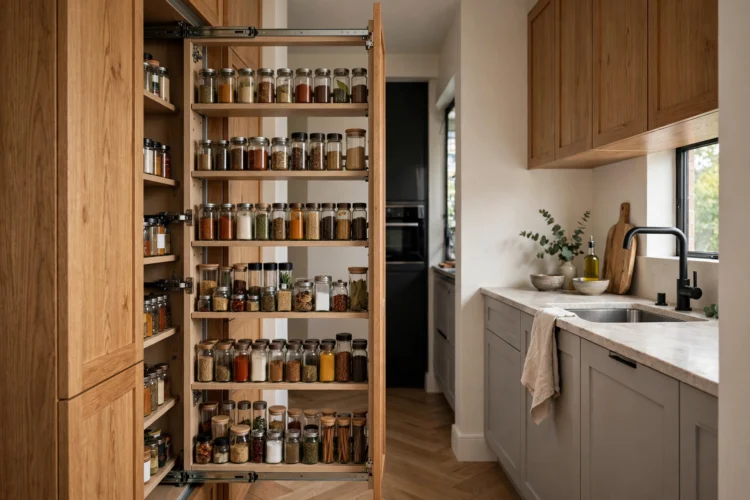Slim pull-out pantry cabinet extended in narrow kitchen