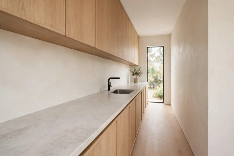 Continuous light quartz countertop along narrow kitchen wall