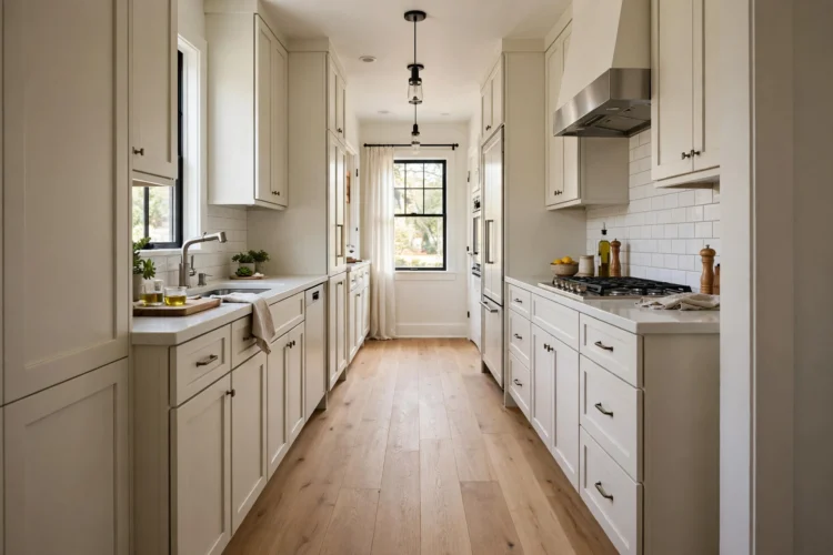 Light oak floorboards laid lengthwise in galley kitchen