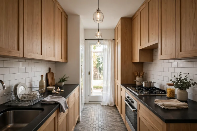 Row of small glass pendants down the center of galley kitchen