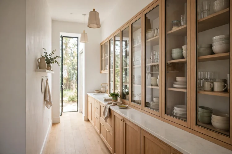 Glass-front upper cabinets opening up narrow kitchen walls