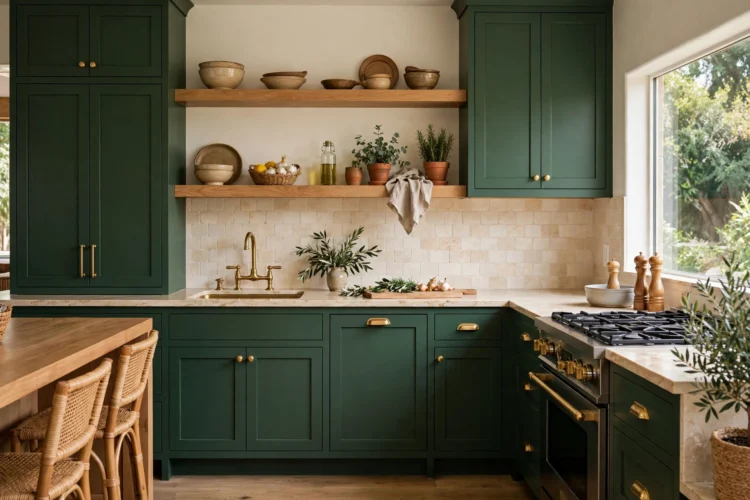 Forest green kitchen cabinets with warm wood shelves and brass hardware
