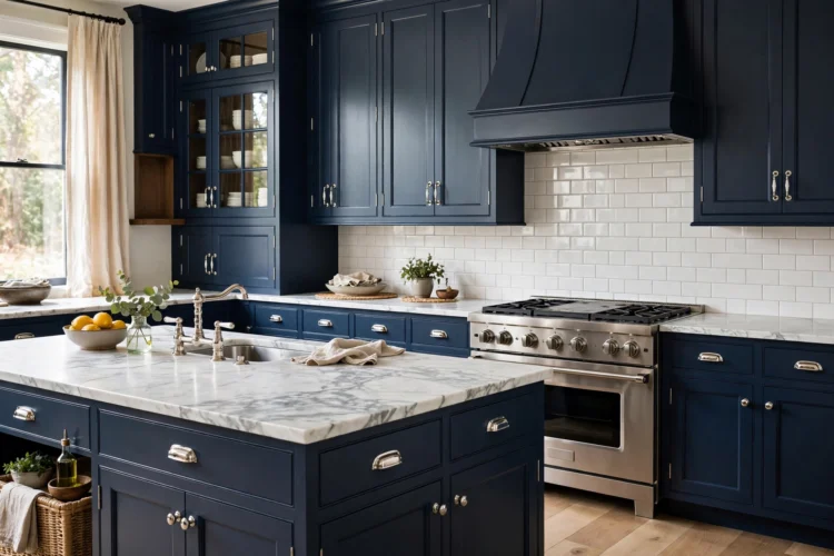 Navy kitchen cabinets paired with white marble counters