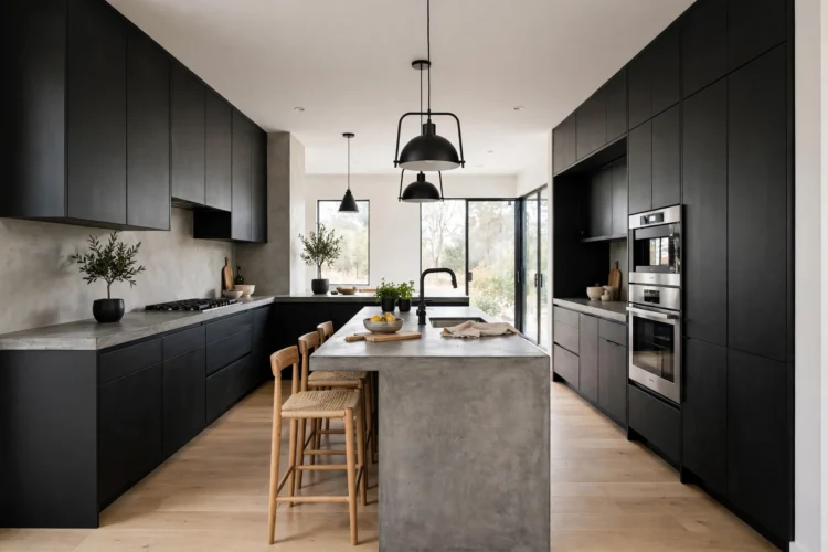 Charcoal black kitchen cabinets with concrete counters