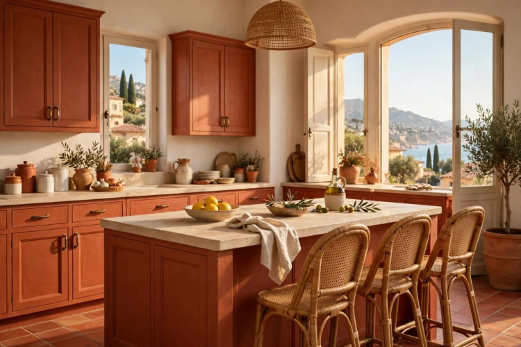 Terracotta kitchen cabinets with cream walls and rattan stools