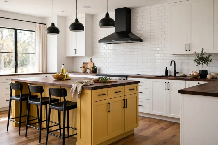 Mustard yellow kitchen island with walnut counters
