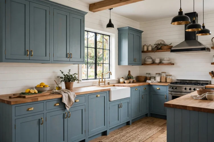 Dusty blue kitchen cabinets with butcher block counters