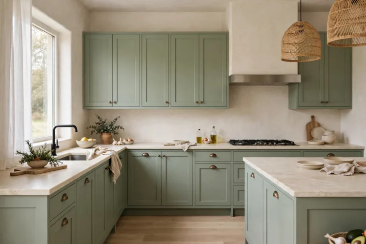 Sage green kitchen cabinets with linen walls and oak floors