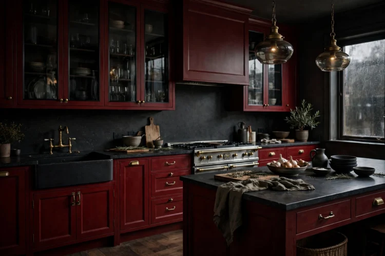 Oxblood red kitchen cabinets with smoked glass uppers
