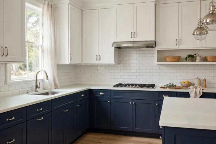Navy lower cabinets with white upper cabinets in two-tone kitchen