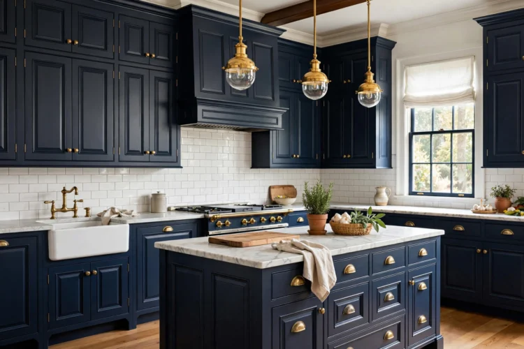 Traditional navy kitchen with unlacquered brass hardware