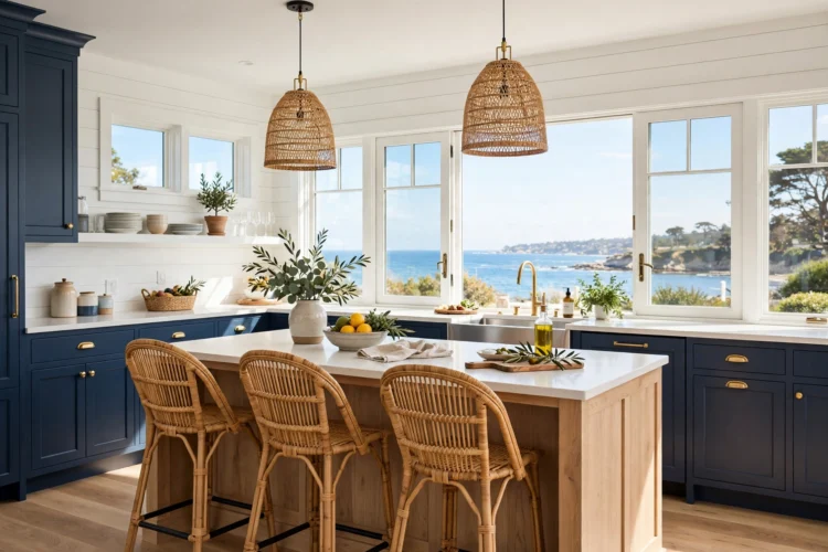 Coastal kitchen with navy cabinets and white shiplap walls