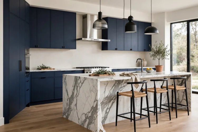 Modern navy kitchen with waterfall marble island