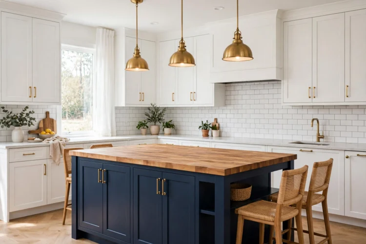 White kitchen with single navy island as focal point