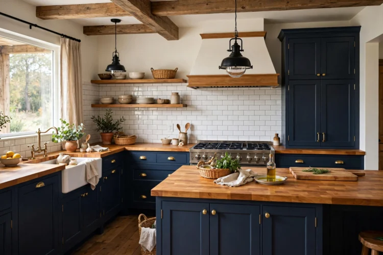 Navy kitchen cabinets paired with warm butcher block counters