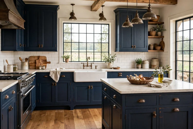 Farmhouse navy kitchen with aged bronze hardware and farmhouse sink