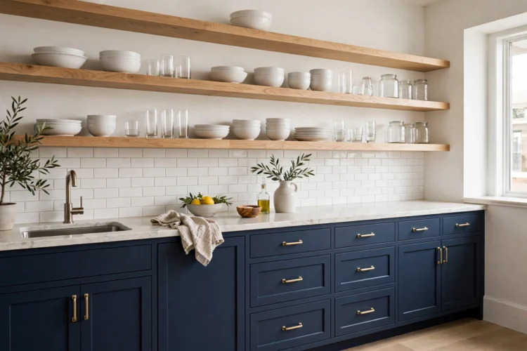 Navy kitchen with open white oak shelving