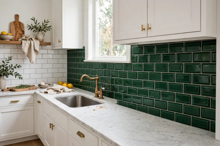 White subway tile backsplash in running bond and deep green beveled subway tile