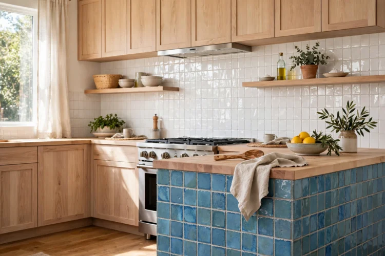 Glossy white zellige-look tile and sea blue handmade-look ceramic tile