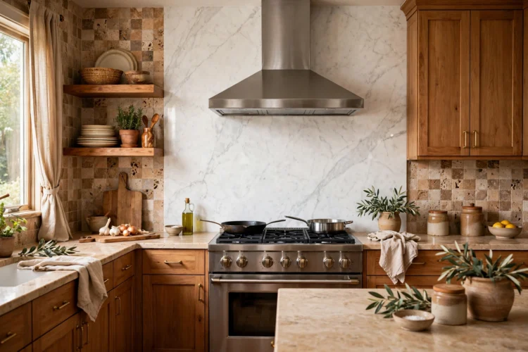 Full-height marble slab behind range and tumbled travertine backsplash