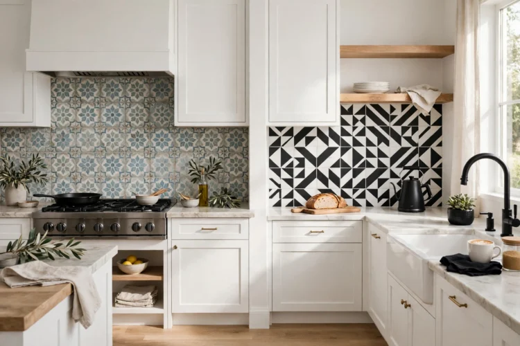 Patterned cement-look tile and black-and-white geometric tile backsplash
