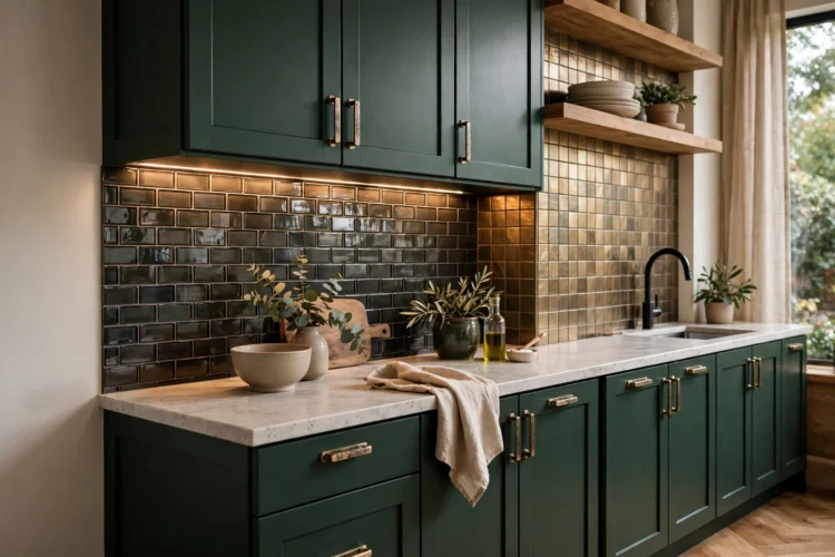 Smoked glass tile backsplash and brushed brass-look metal tile