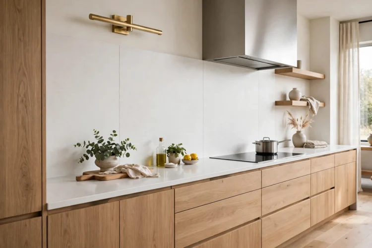 Quartz backsplash carried up the wall and large porcelain panels