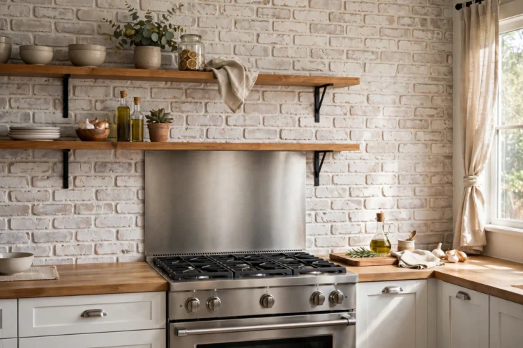 Whitewashed brick veneer backsplash and stainless steel panel behind range