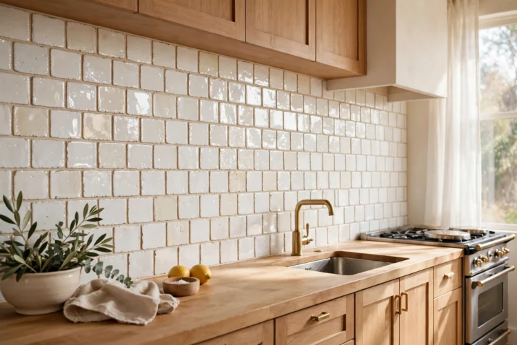 Glossy white zellige tile backsplash in offset running bond behind a kitchen counter