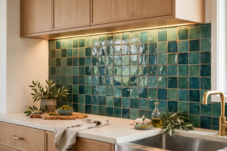 Sea green and deep teal zellige tile backsplash with handmade glaze variation