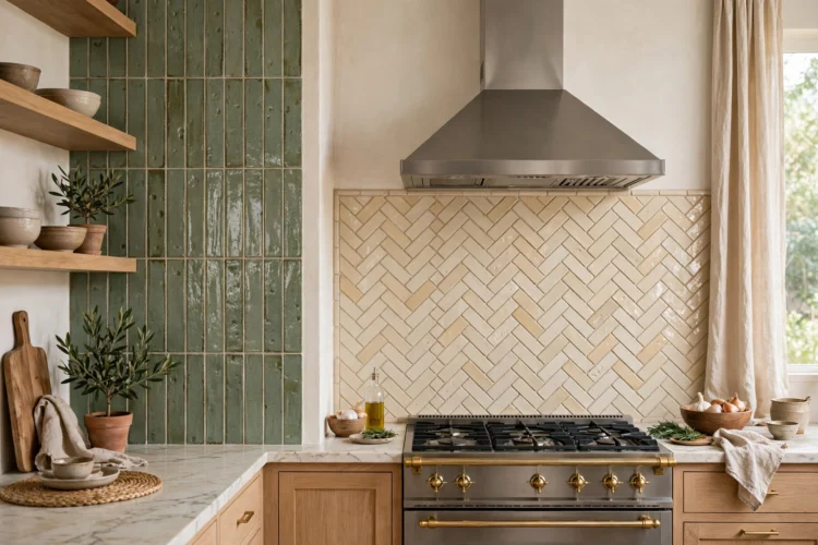 Vertical stacked and herringbone zellige tile layouts behind a kitchen range