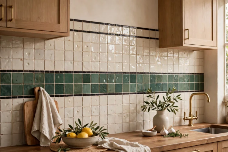 Two-tone zellige backsplash with horizontal color band and thin contrasting border