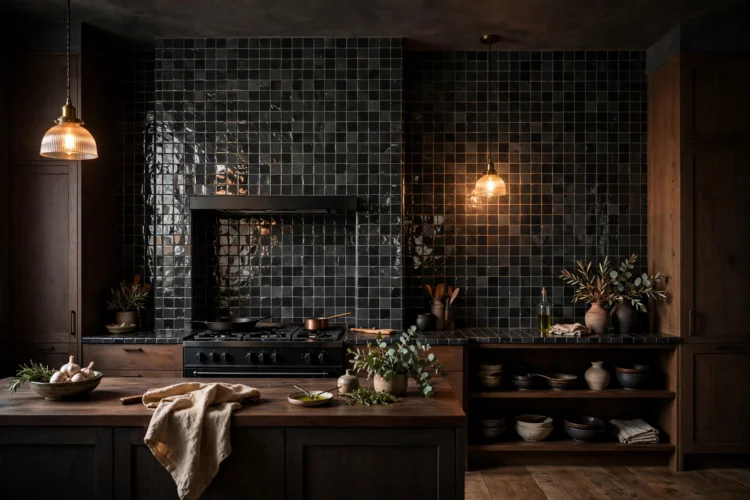 Full-height and dark charcoal zellige tile backsplash in a moody kitchen