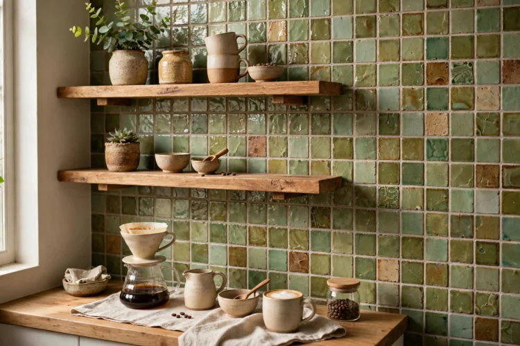 Zellige tile backsplash in a small coffee nook behind floating shelves