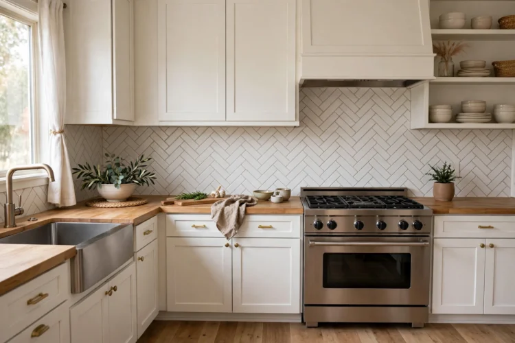 White subway tile herringbone backsplash with light gray grout in a shaker-style kitchen