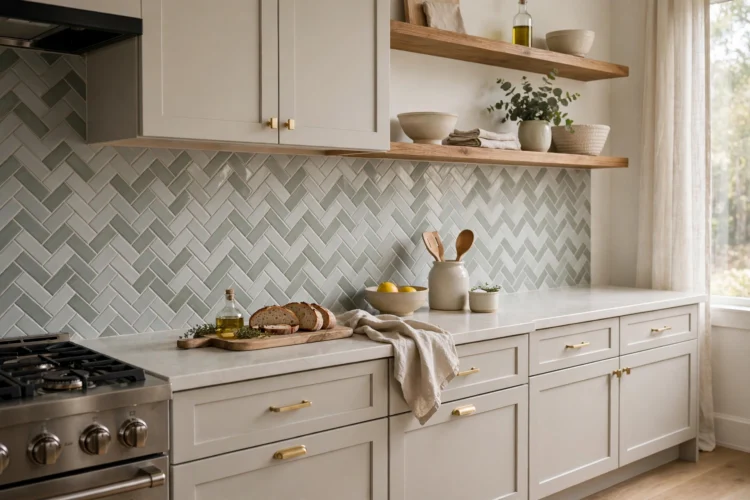 Pale gray herringbone tile backsplash beside a sage green herringbone sample in a bright kitchen