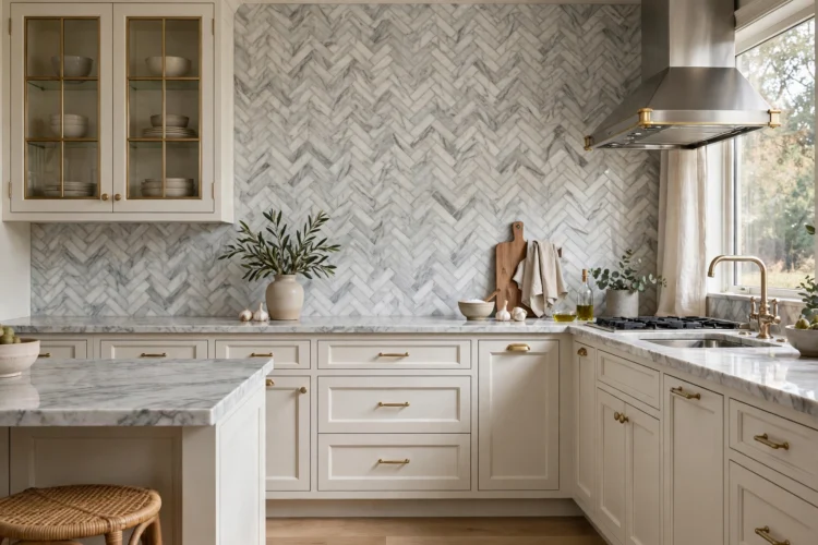 Carrara marble herringbone backsplash with natural gray veining above white cabinets