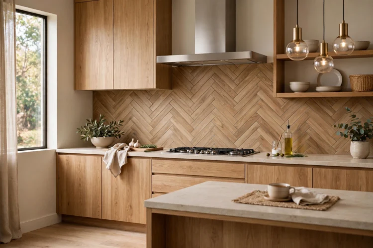 Wood-look porcelain herringbone backsplash in oak tone in a warm modern kitchen