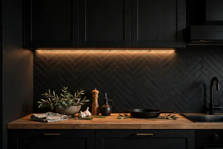 Matte black herringbone tile backsplash with undercabinet lighting in a moody kitchen