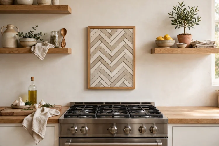 Small herringbone tile panel framed behind a kitchen range under floating open shelves