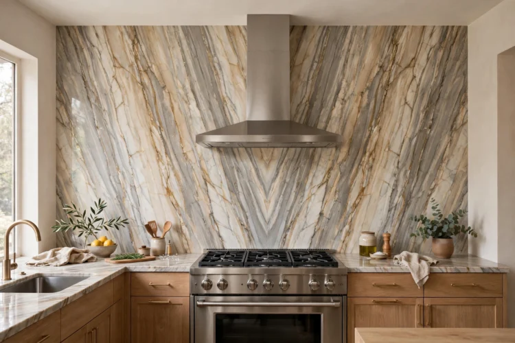 Full-height marble slab backsplash behind a range, veining running to the ceiling