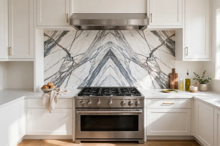 Book-matched marble backsplash with mirrored veining behind a range