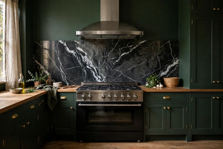 Dark marble backsplash pairing black stone with white veining and deep green tones