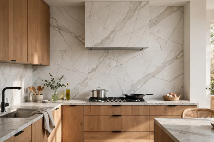Marble-look porcelain slab backsplash with printed veining and minimal grout