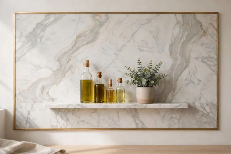 Marble backsplash with integrated ledge shelf and thin brass trim frame
