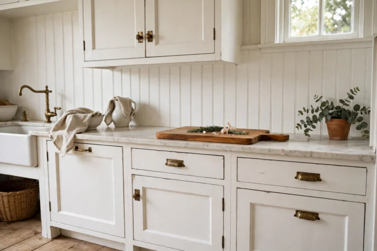white painted beadboard backsplash in a cottage kitchen with oak shelves