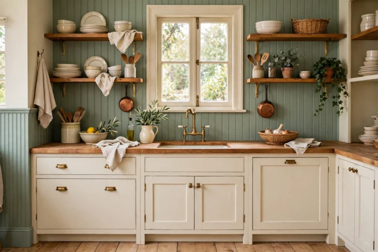 sage green painted beadboard backsplash with cream cabinets in a cottage kitchen
